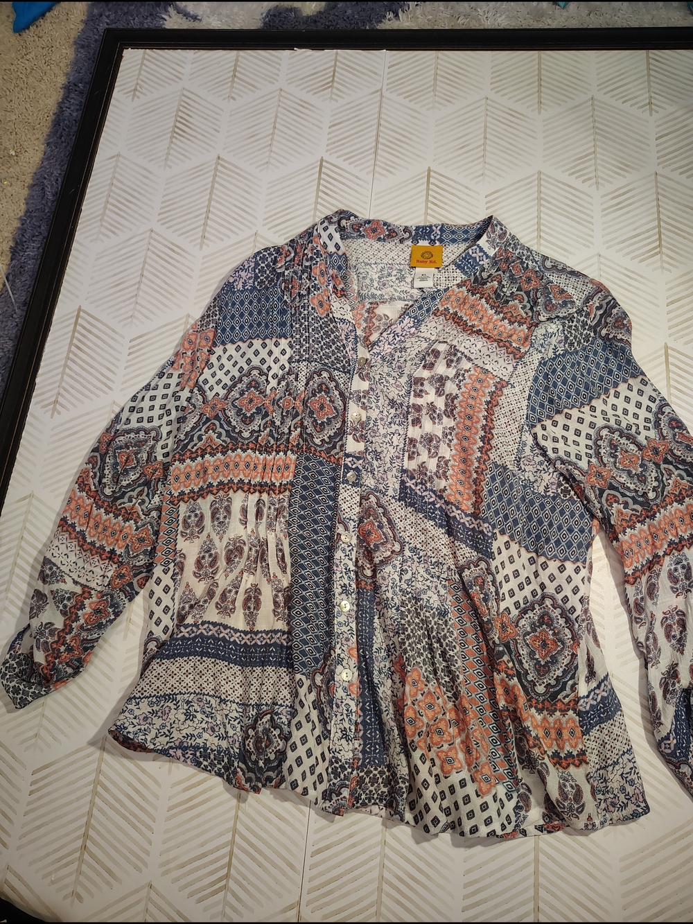 Ruby Red Xl Euc Boho Patchwork Button-Front Blouse in Blue and Rust‎